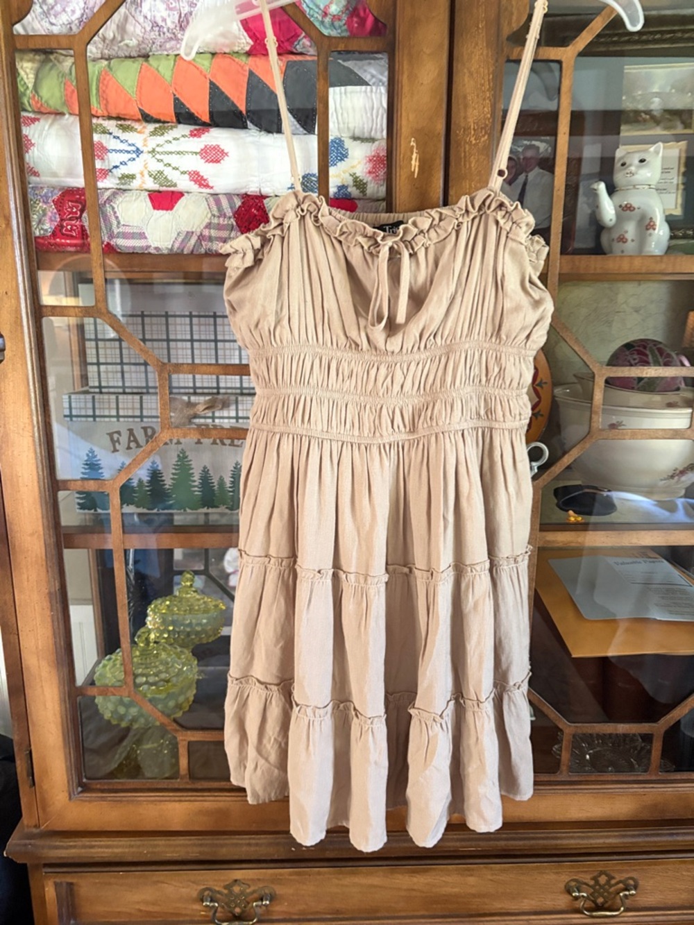 Trixxi Beige Smocked Tiered Mini Dress